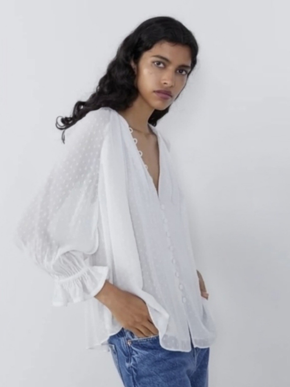 Zara Sheer White Swiss Dot V-Neck‎ Peasant  Blouse